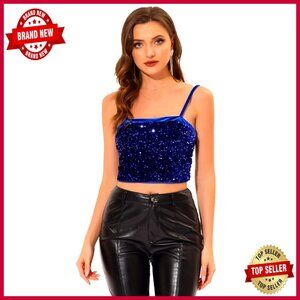 Sequined Velvet Crop Cami Top Spaghetti Strap Party Club Wear